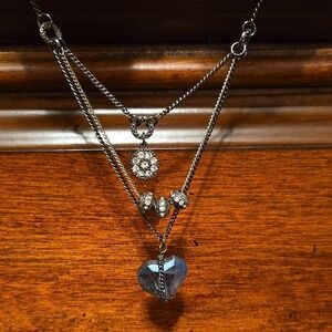 Layered Silver & Black Metallic Chain With Blue Heart Pendant Necklace